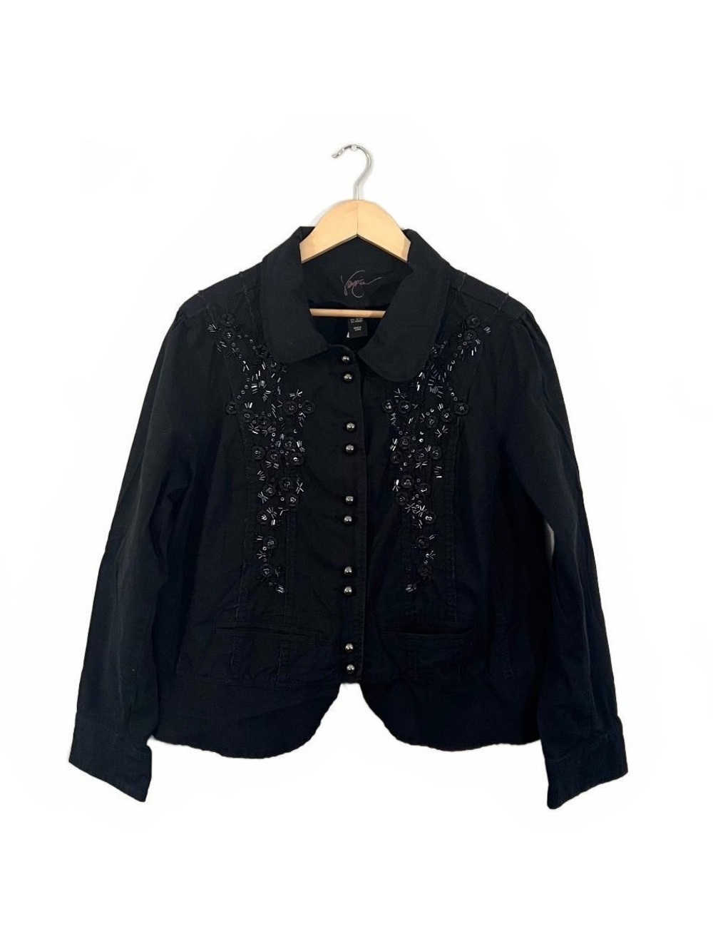 Y2K Black Beaded Floral Military Jacket 2000’s Fall Outerwear